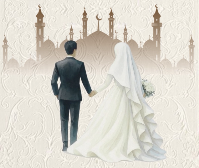Illustration of the couple walking toward a mosque